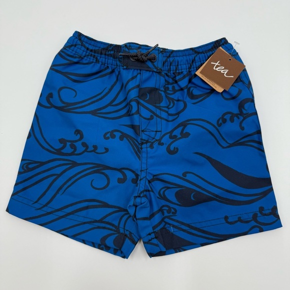 Tea Collection Boys Shortie Swim Trunks Ocean Blue Navy Waves Size 2 NWT - Picture 1 of 8
